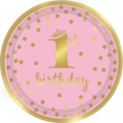 Metallic Pink & Gold Confetti 1st Birthday Lunch Plates (8)