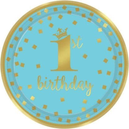 Metallic Blue & Gold Confetti 1st Birthday Lunch Plates (8)