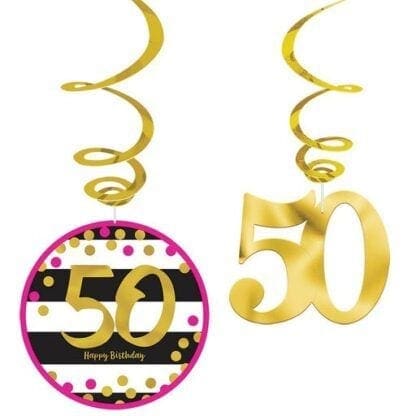 Over the Hill 'Hot Pink and Gold' 50th Birthday Hanging Swirl Decorations (12pc)