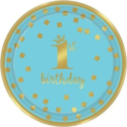 Metallic Blue & Gold Confetti 1st Birthday Dessert Plates (8)