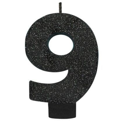 Black #9 Birthday Glitter 3.25" Numeral Candle