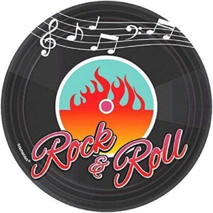 Nifty 50's Theme Party "Rock & Roll" Round Dessert Plates (8 Piece), Multi Color, 7.1 x 7.1"