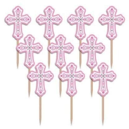 Cocktail Sticks Party Picks Pink Communion Christening Crosses