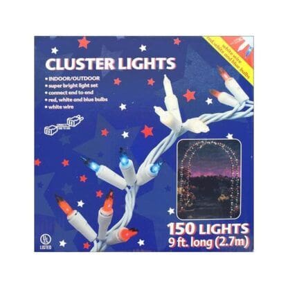 Red, White, Blue Cluster Lights-White Cord-150 Bulbs