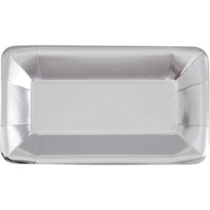 Rectangular Paper Appetizer Plates, 9 X 5 in, Foil Silver, 8ct