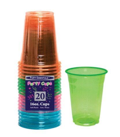 16 Oz. Soft Plastic Cups - Assorted Neons 20 Ct.