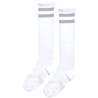 Standard Knee High Socks with Silver Stripes Sports Costume Party Apparel, Silver, Fabric, 19".