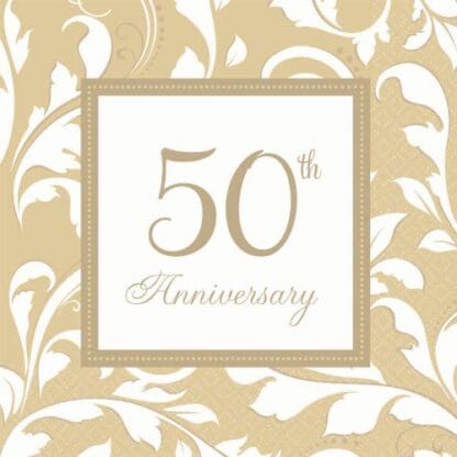 Amscan 50th Anniversary Elegant Scroll Lunch Napkins, Gold, 6.5''L X 6.5''W, 8/Pack, 16 per Pack (5138511)