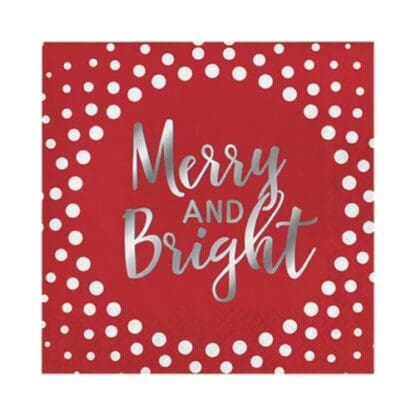 Foil Stamped Holiday Merry and Bright Red Lunch Napkins, 16 Pack