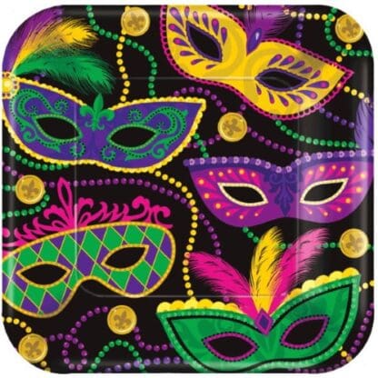 Mardi Gras Masks Square Paper Plates, 10 X 10, 8 Plates