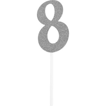 Number 8 Glitter Cake Topper Party Decoration Silver